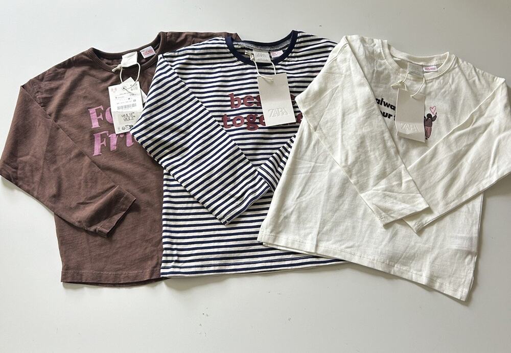 Lot Of 3 Shirts Zara Girls Graphic Long Sleeve Tops Sz 5 New Striped Love Heart